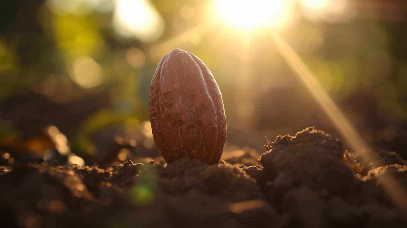 Cocoa pod and cacao beans — sustainable shade-grown chocolate farming